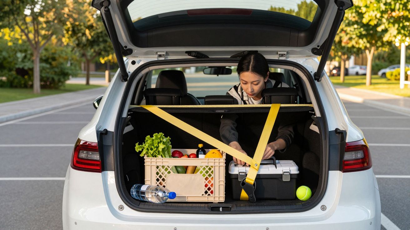 Pessoa a arrumar caixa de ferramentas no porta-bagagens aberto de um carro branco estacionado.
