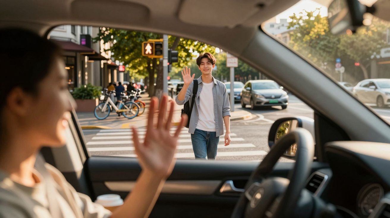 Pessoa a atravessar passadeira sorri e acena para condutora numa rua urbana movimentada.