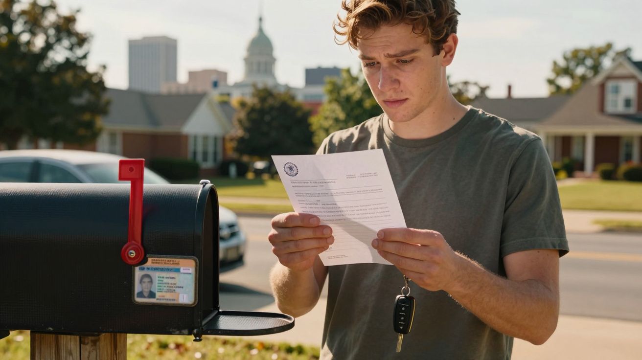 Jovem a ler uma carta perto de uma caixa de correio preta numa rua residencial.