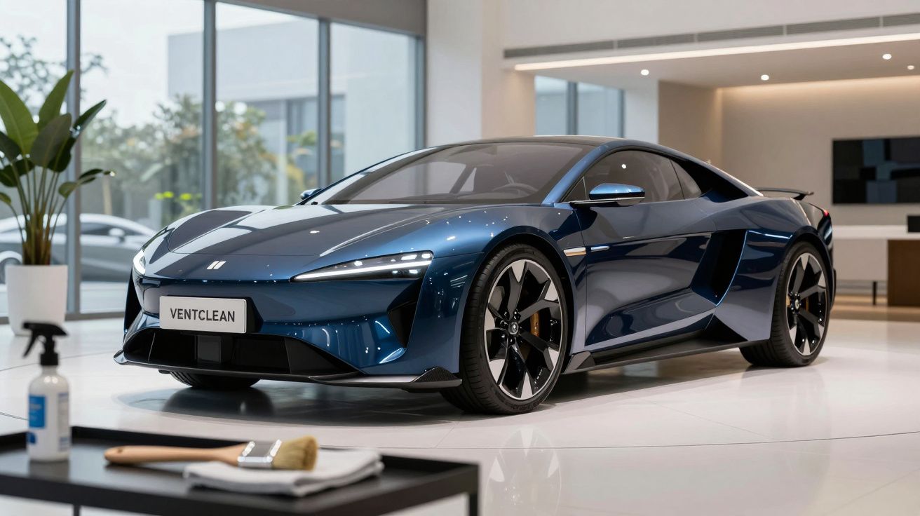 Desportivo azul metálico moderno em exposição numa sala luminosa com janelas amplas e plantas decorativas.