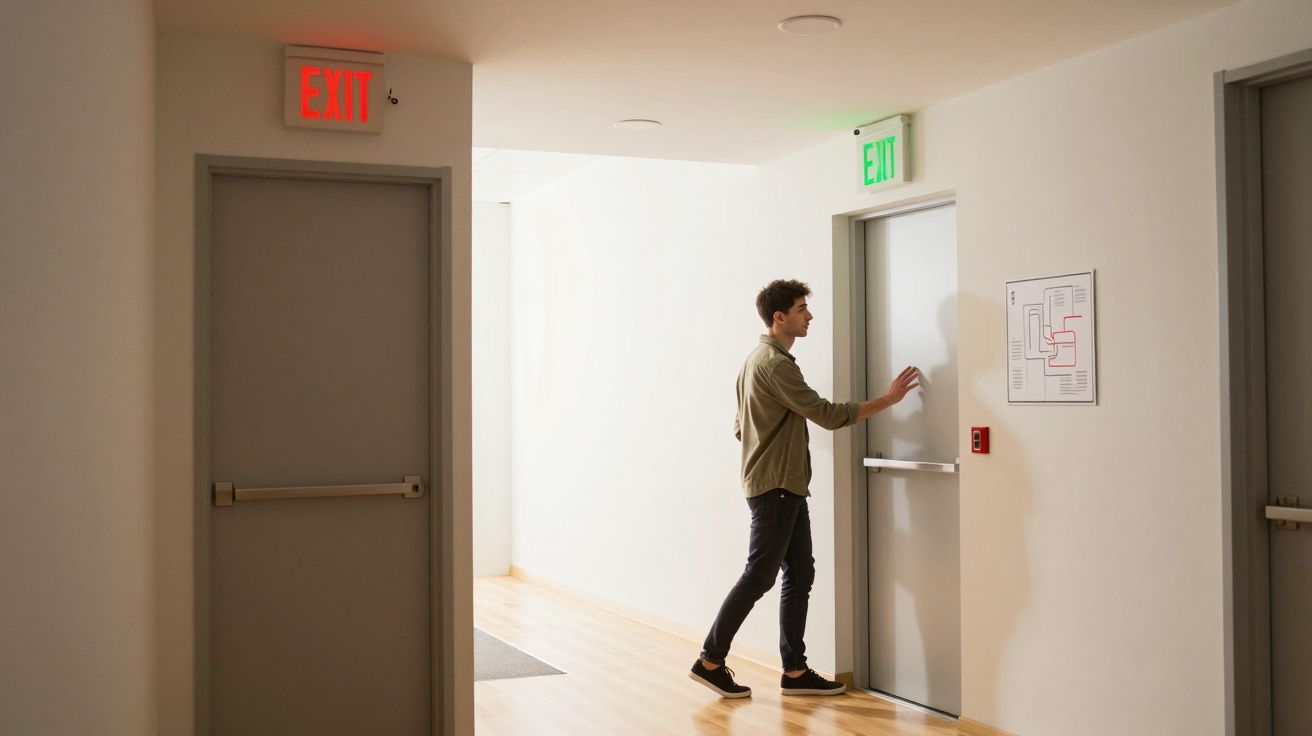 Homem a abrir porta de saída de emergência num corredor luminoso com piso de madeira.