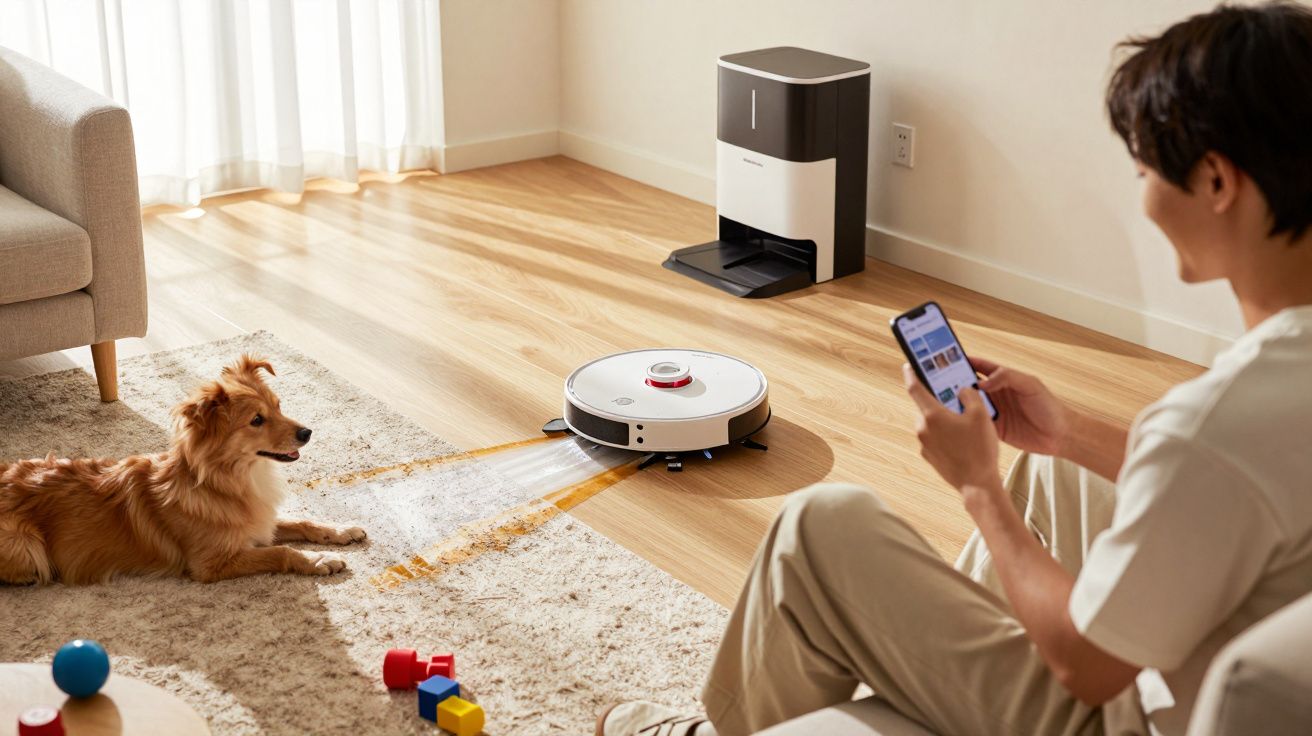 Homem sentado controla aspirador robô que limpa chão de madeira junto a cão num ambiente doméstico iluminado.