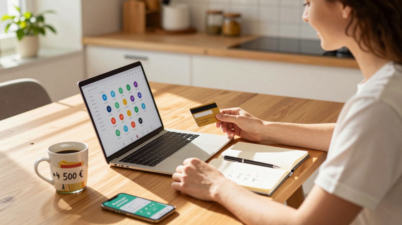 Pessoa a usar cartão bancário para compras online num portátil, com telefone, caderno e chávena na mesa.