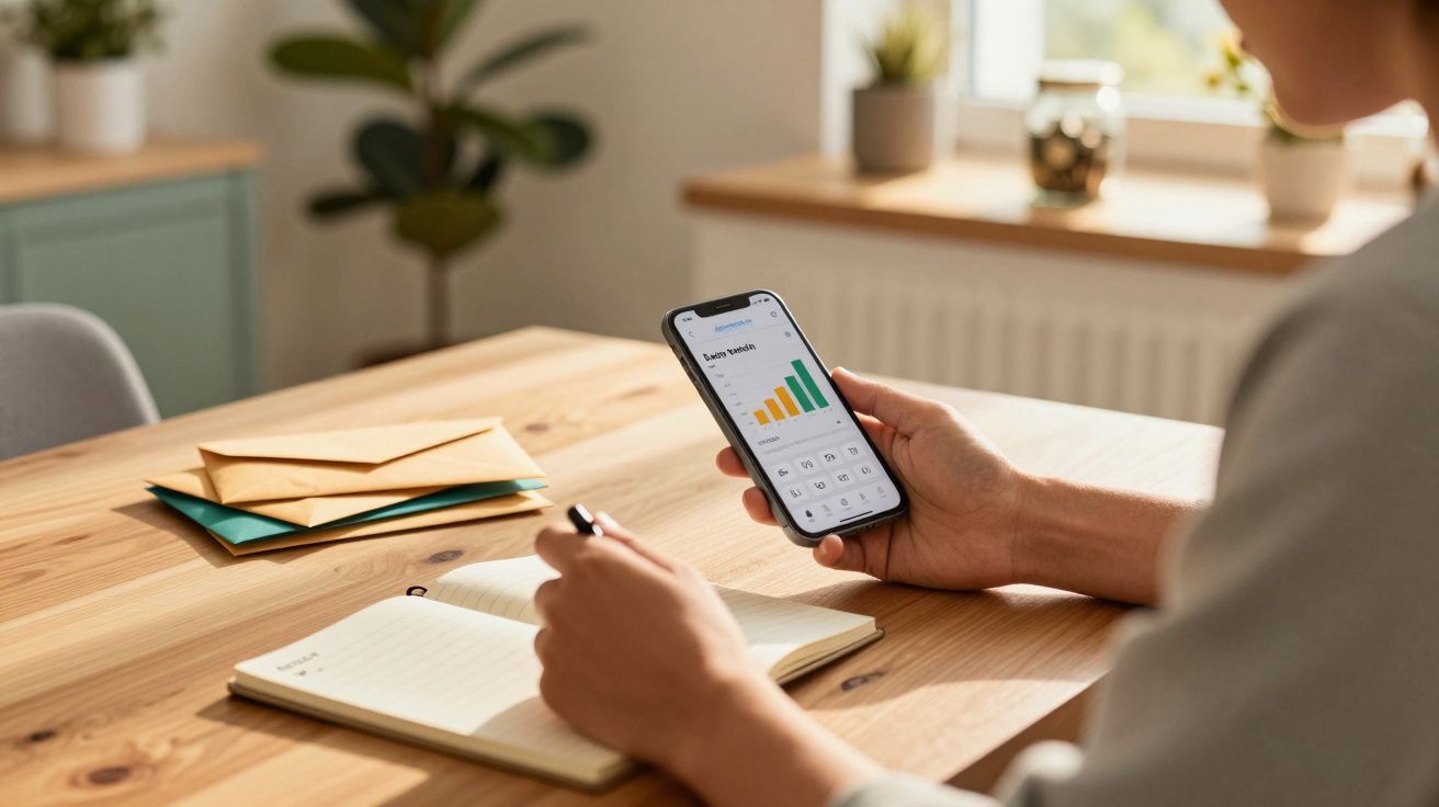 Pessoa a analisar gráficos de crescimento num smartphone enquanto toma notas num caderno numa mesa de madeira.