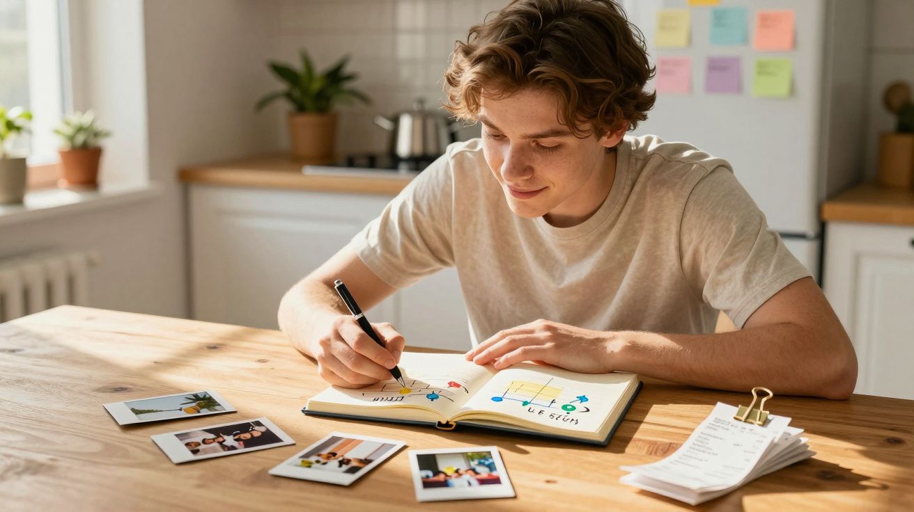 Jovem a escrever num caderno aberto numa mesa com várias fotografias instantâneas espalhadas.