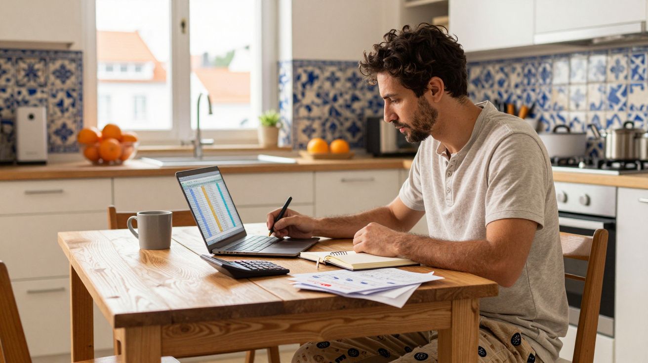 Homem sentado a trabalhar em contas num portátil na mesa da cozinha, com bloco de notas e calculadora.