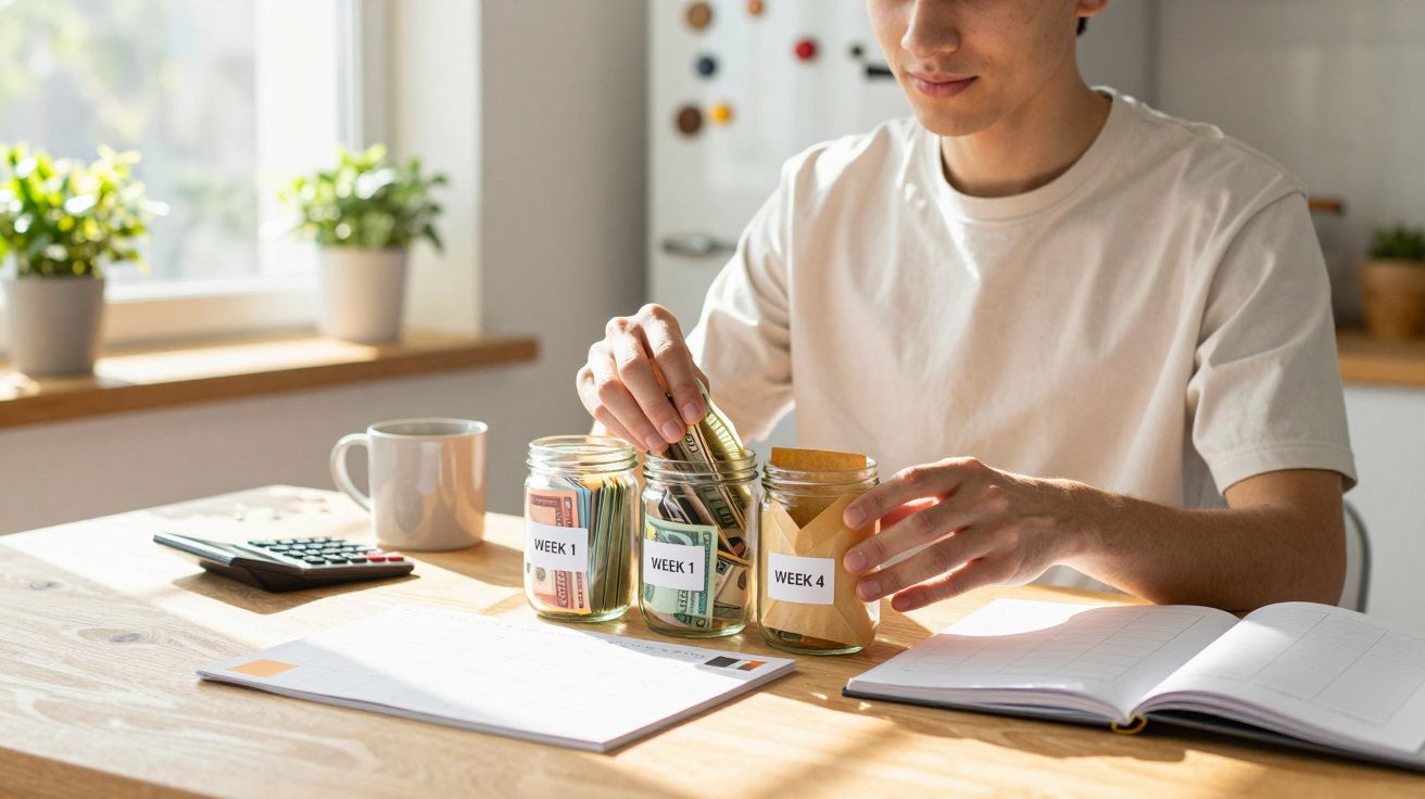 Pessoa a organizar dinheiro em frascos etiquetados por semanas numa mesa com caderno, calculadora e caneca.