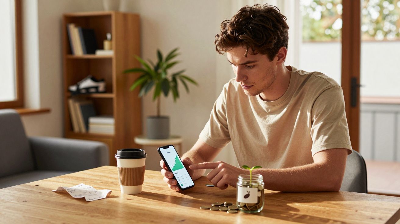 Jovem sentado à mesa a analisar gráficos no telemóvel, com café e jarro com planta à sua frente.