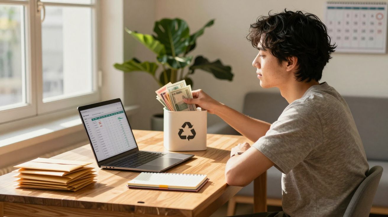 Jovem sentado à mesa com laptop, colocando dinheiro numa caixa branca com símbolo de reciclagem.