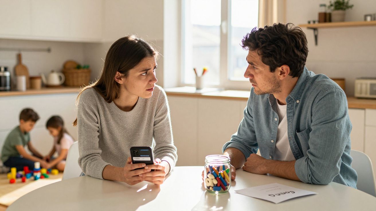Casal preocupado conversa à mesa enquanto crianças brincam ao fundo numa cozinha iluminada.