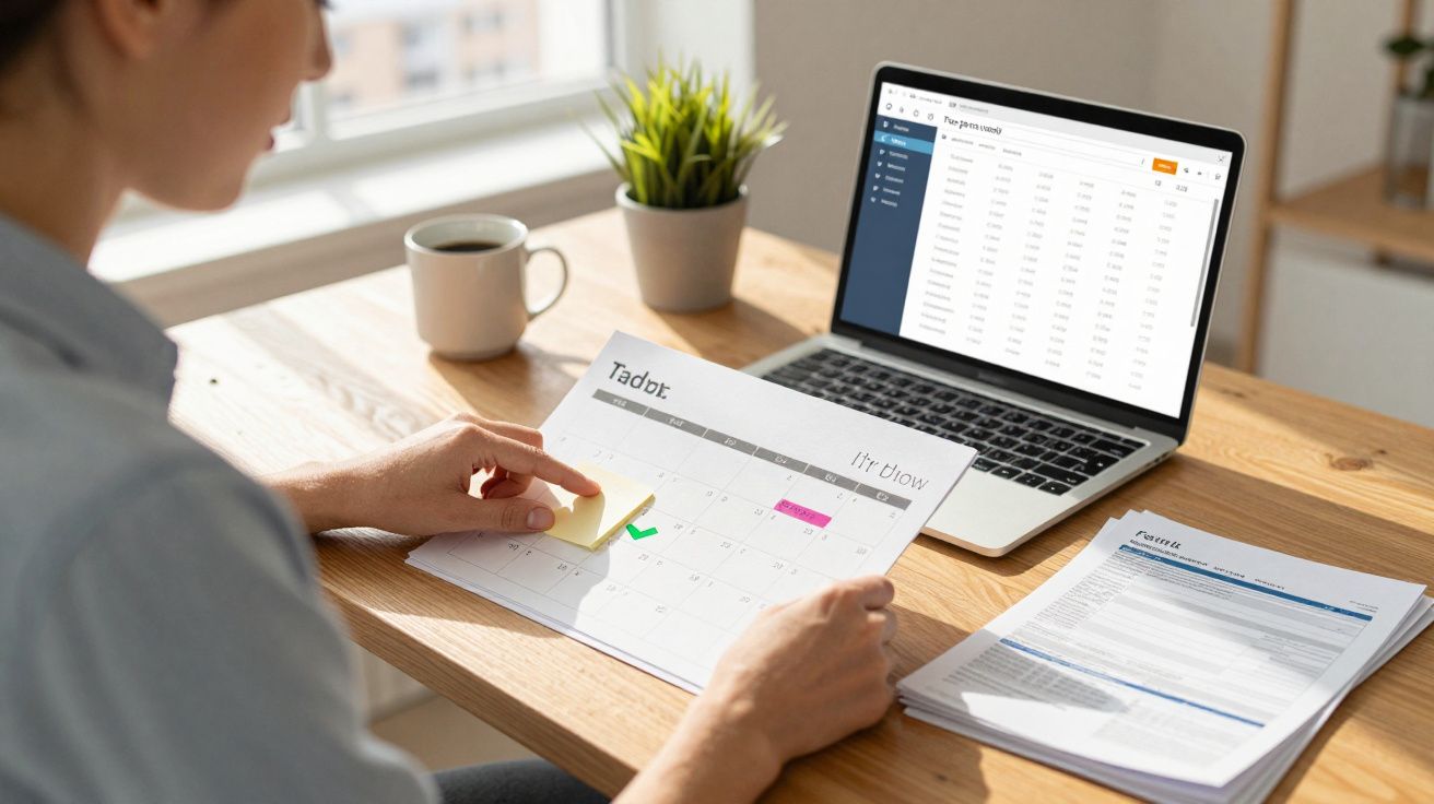 Pessoa a fazer organização de calendário com computador portátil, plantas e documentos numa secretária de madeira.