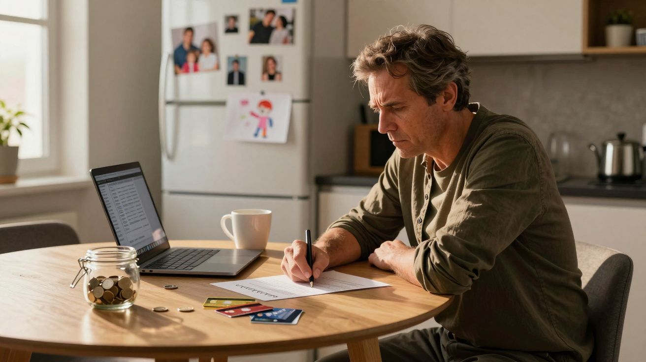 Homem sentado à mesa a analisar documentos com computador, cartões de crédito e moedas à sua frente.