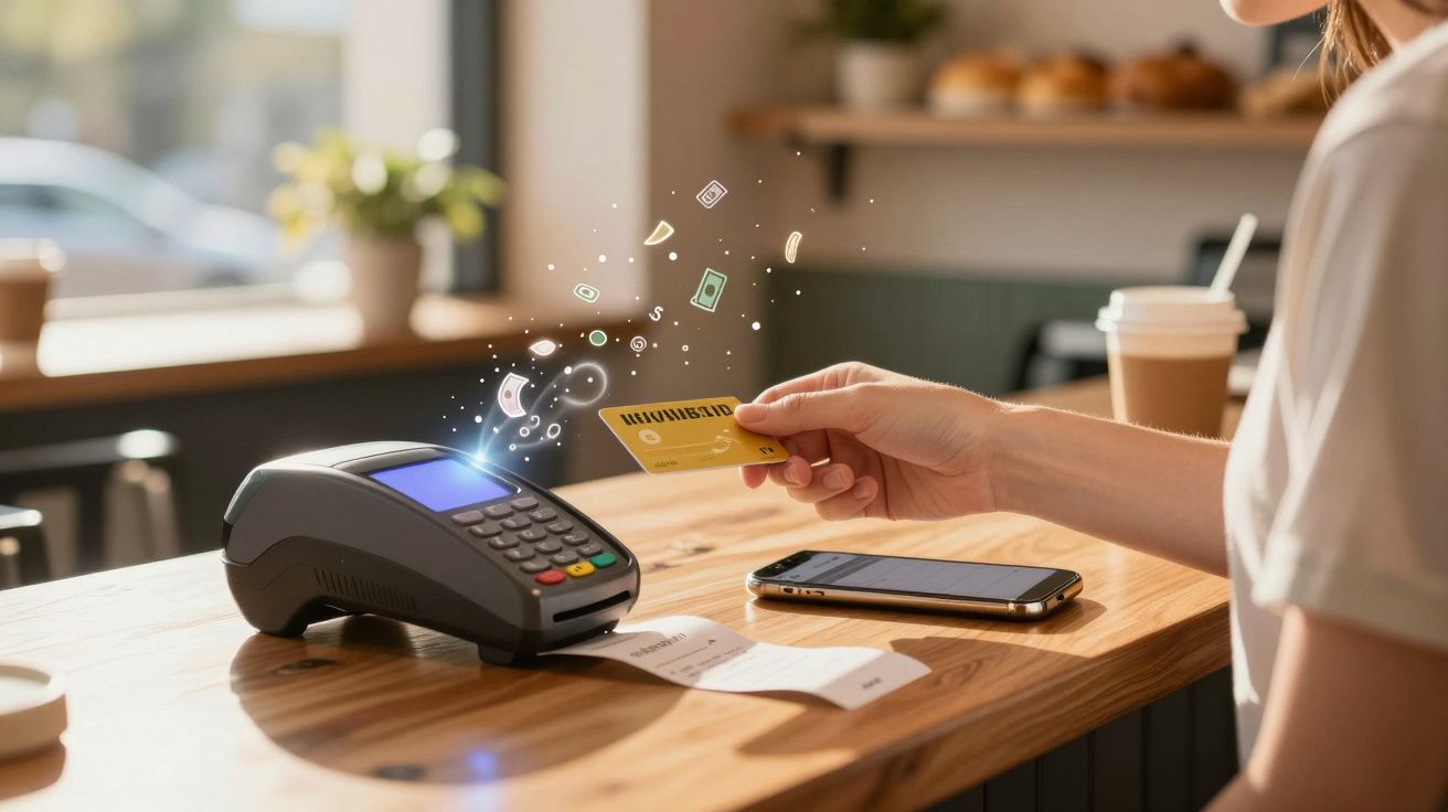 Pessoa a pagar com cartão contactless num terminal de pagamento numa cafetaria.