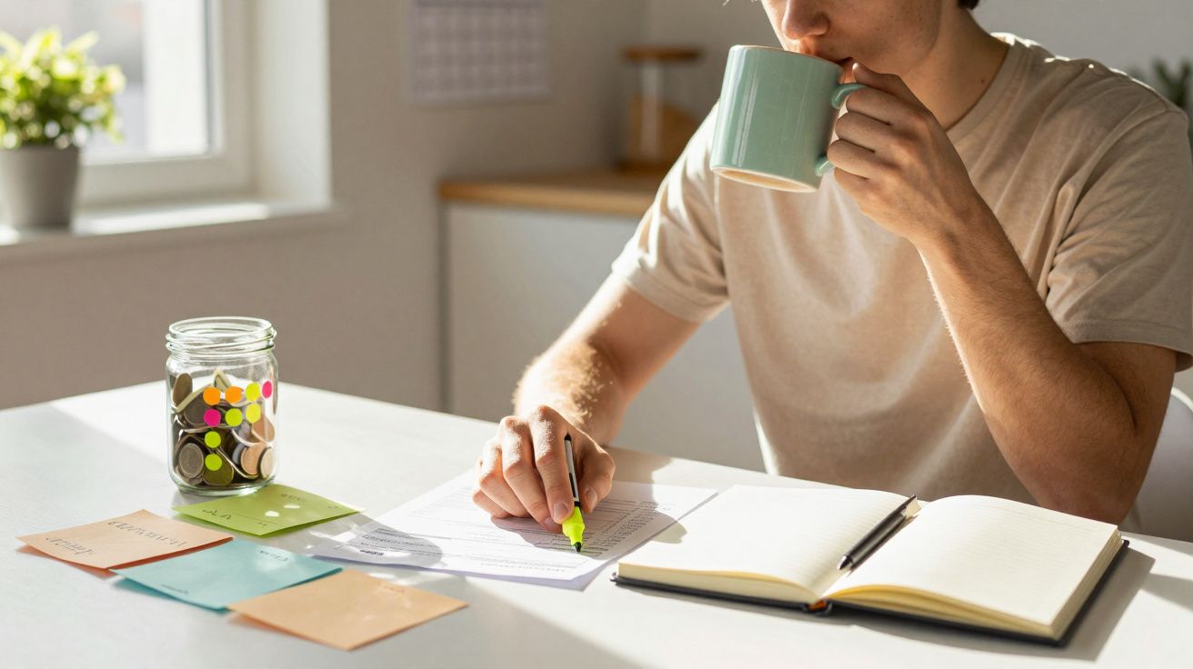 Pessoa a sublinhar texto com marcador amarelo enquanto bebe de caneca numa mesa com jarro de moedas e notas adesivas.