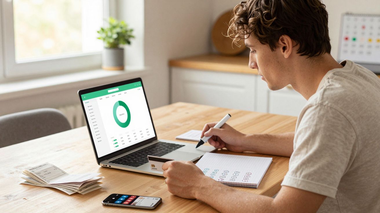 Jovem a trabalhar em finanças pessoais com portátil, caderno e smartphone numa mesa de madeira.