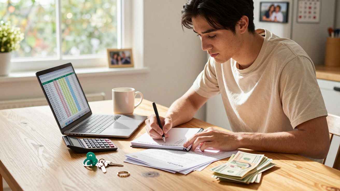 Homem a trabalhar finanças em casa com laptop, calculadora, notas, e documentos numa mesa de madeira.