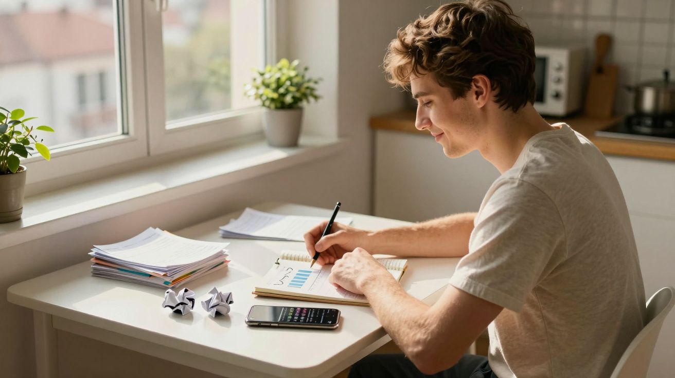 Jovem sentado à mesa junto à janela a fazer cálculos num caderno com folhas e calculadora na mesa.