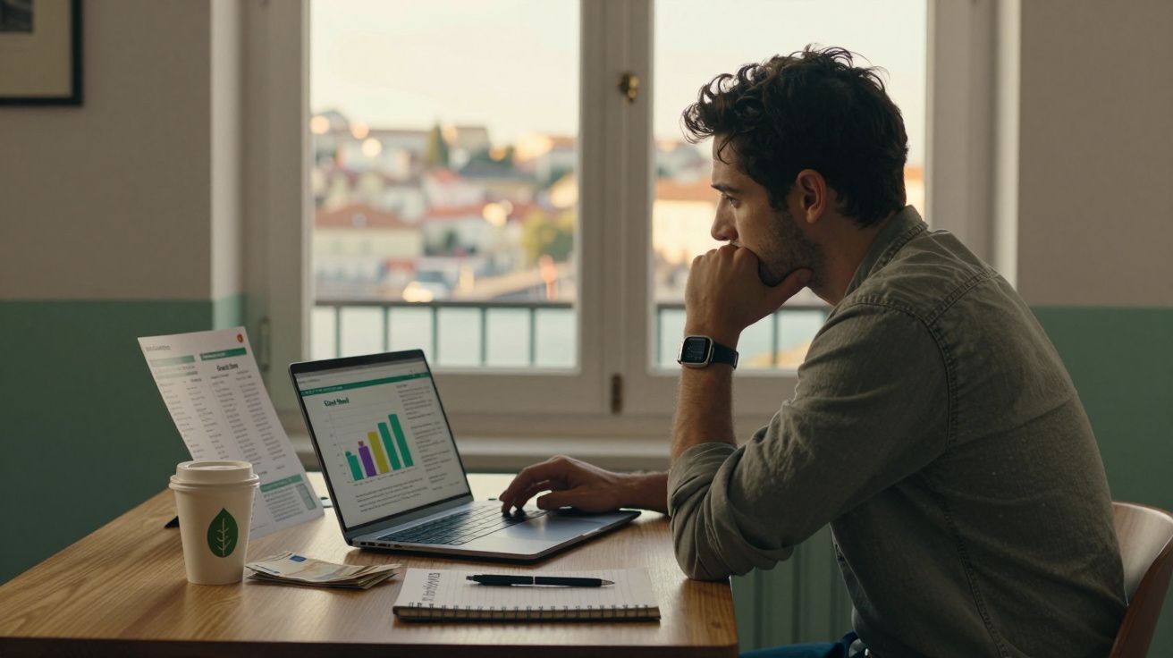 Homem a trabalhar concentrado num portátil com gráficos, numa mesa com papeis e um café, junto a uma janela.