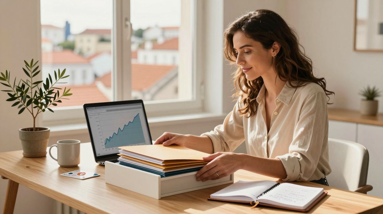 Mulher a organizar pastas de documentos numa mesa com computador portátil a mostrar gráfico ascendente.