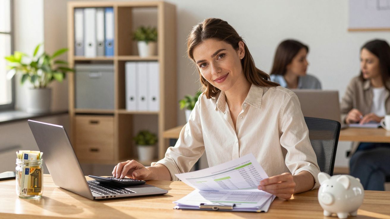 Mulher sorridente a trabalhar em escritório com laptop, documentos e calculadora numa secretária organizada.