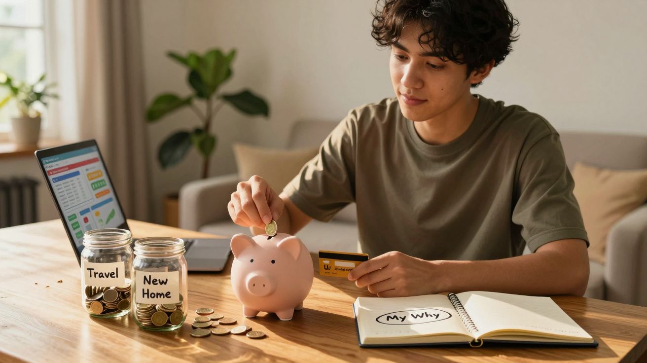 Jovem a guardar moedas num mealheiro rosado, com frascos etiquetados para viagem e nova casa na mesa.