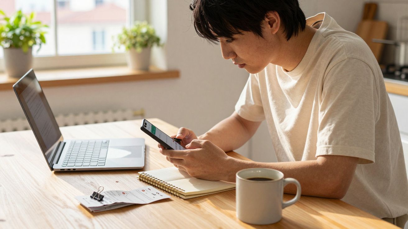 Jovem sentado à mesa a usar smartphone, com portátil, caderno, documentos e caneca de café.