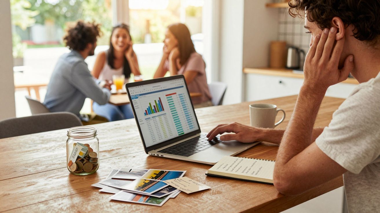 Pessoa a trabalhar num portátil com gráfico, enquanto três pessoas conversam ao fundo numa sala clara.