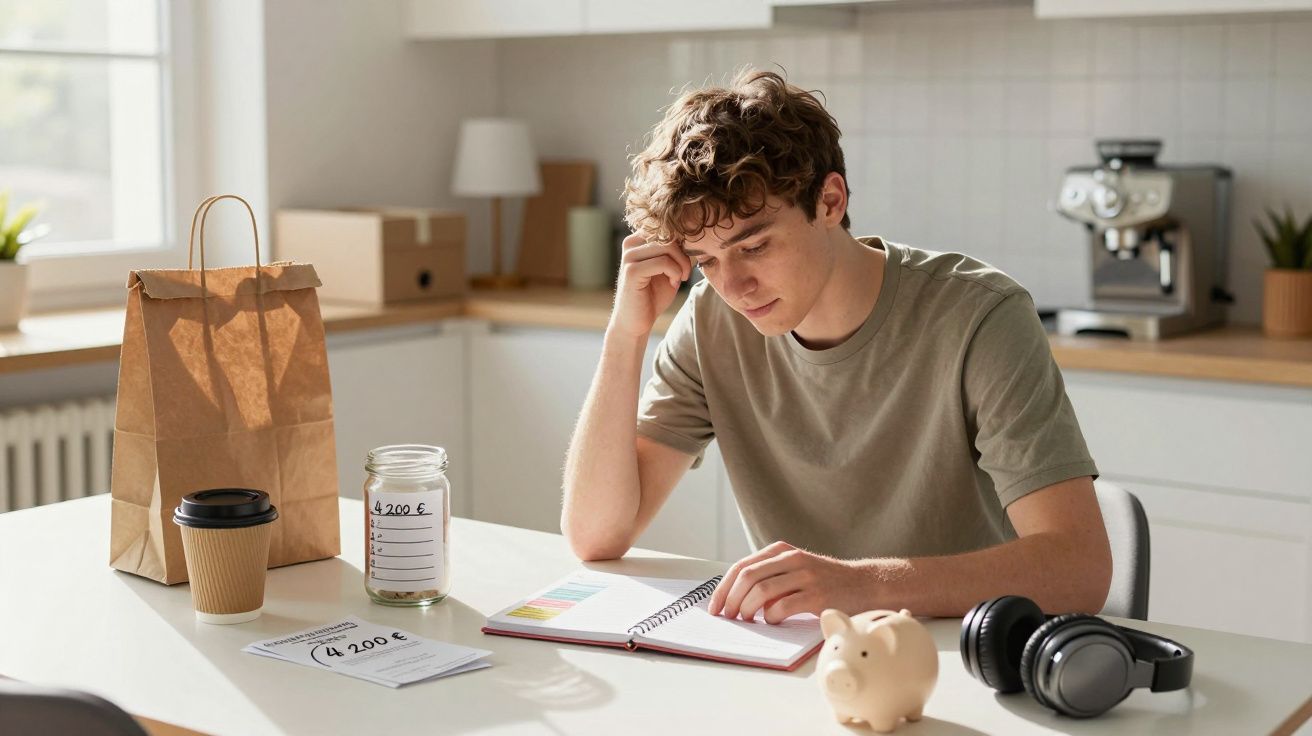 Jovem sentado à mesa em casa, a planear finanças com cofrinho, notas, jarro de dinheiro e auscultadores.