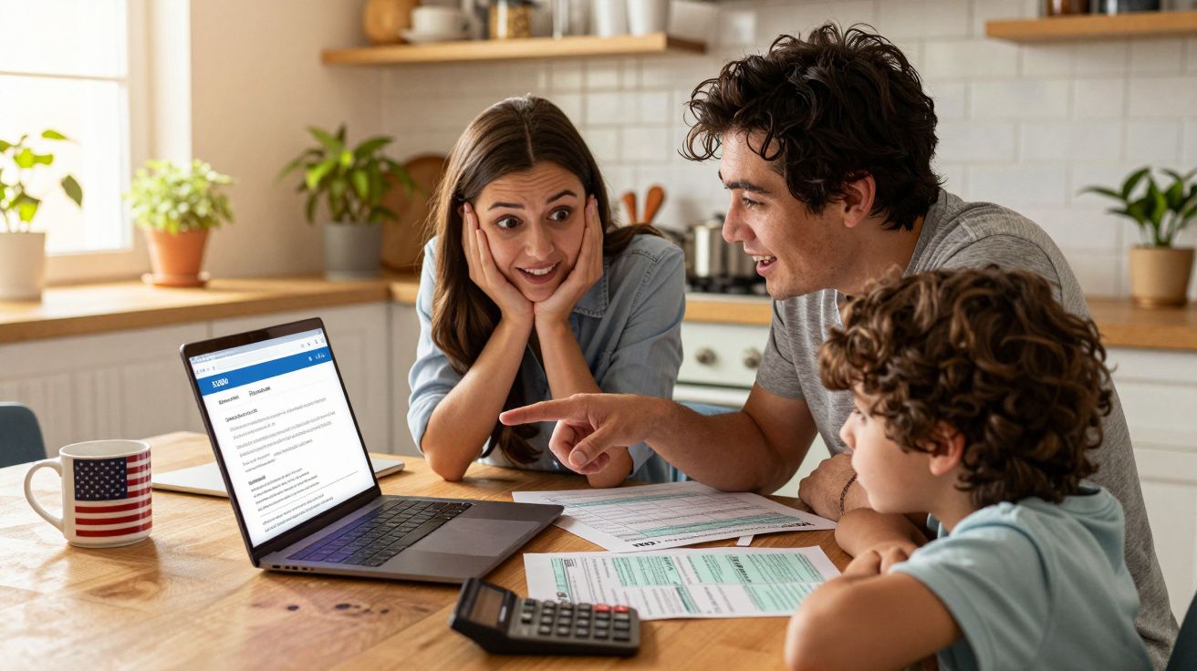 Família junta numa mesa da cozinha, a analisar documentos e informações num computador portátil.