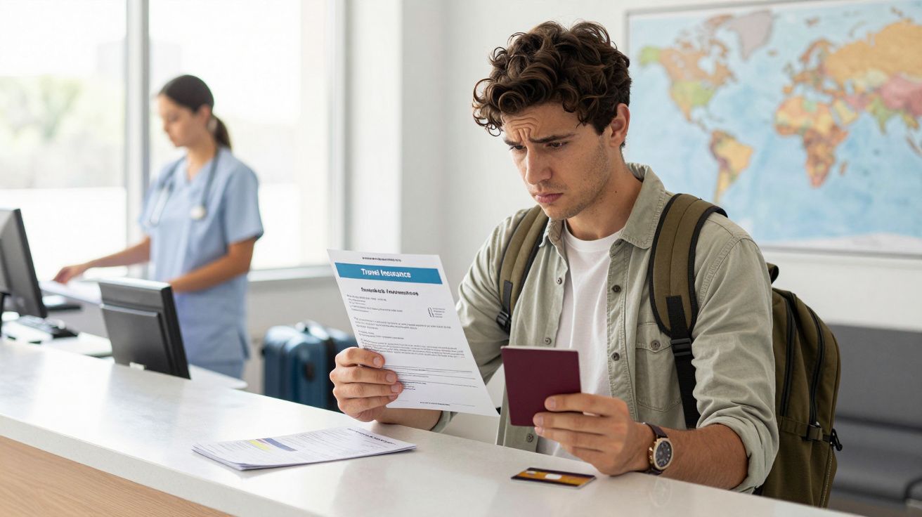 Homem com mochila a ler documentos e segurando passaporte numa receção de aeroporto ou hotel.