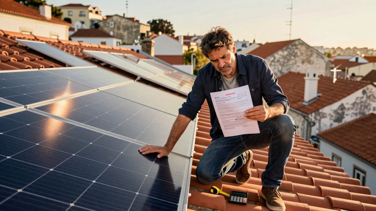 Homem sentado no telhado junto a painéis solares, a ler um documento com calculadora ao lado.