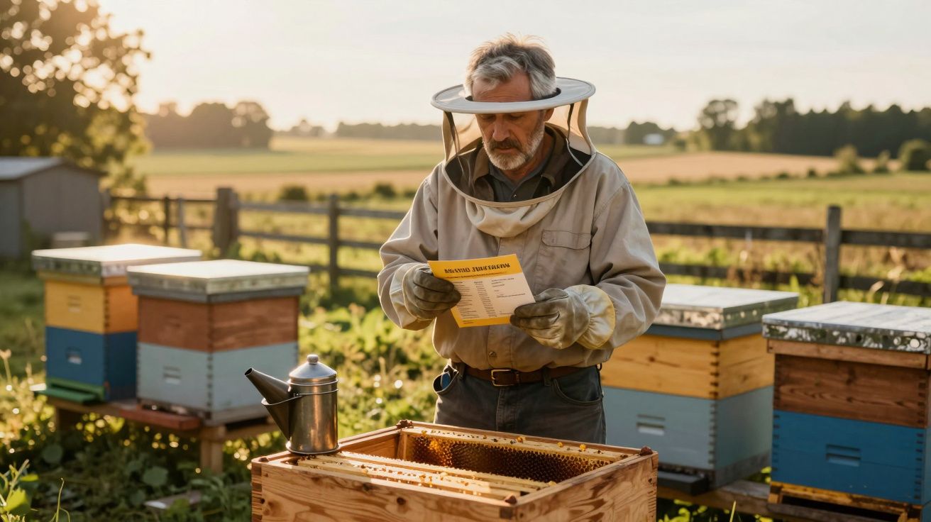 Apicultor com equipamento de proteção a examinar instruções junto das colmeias numa quinta ao pôr do sol.