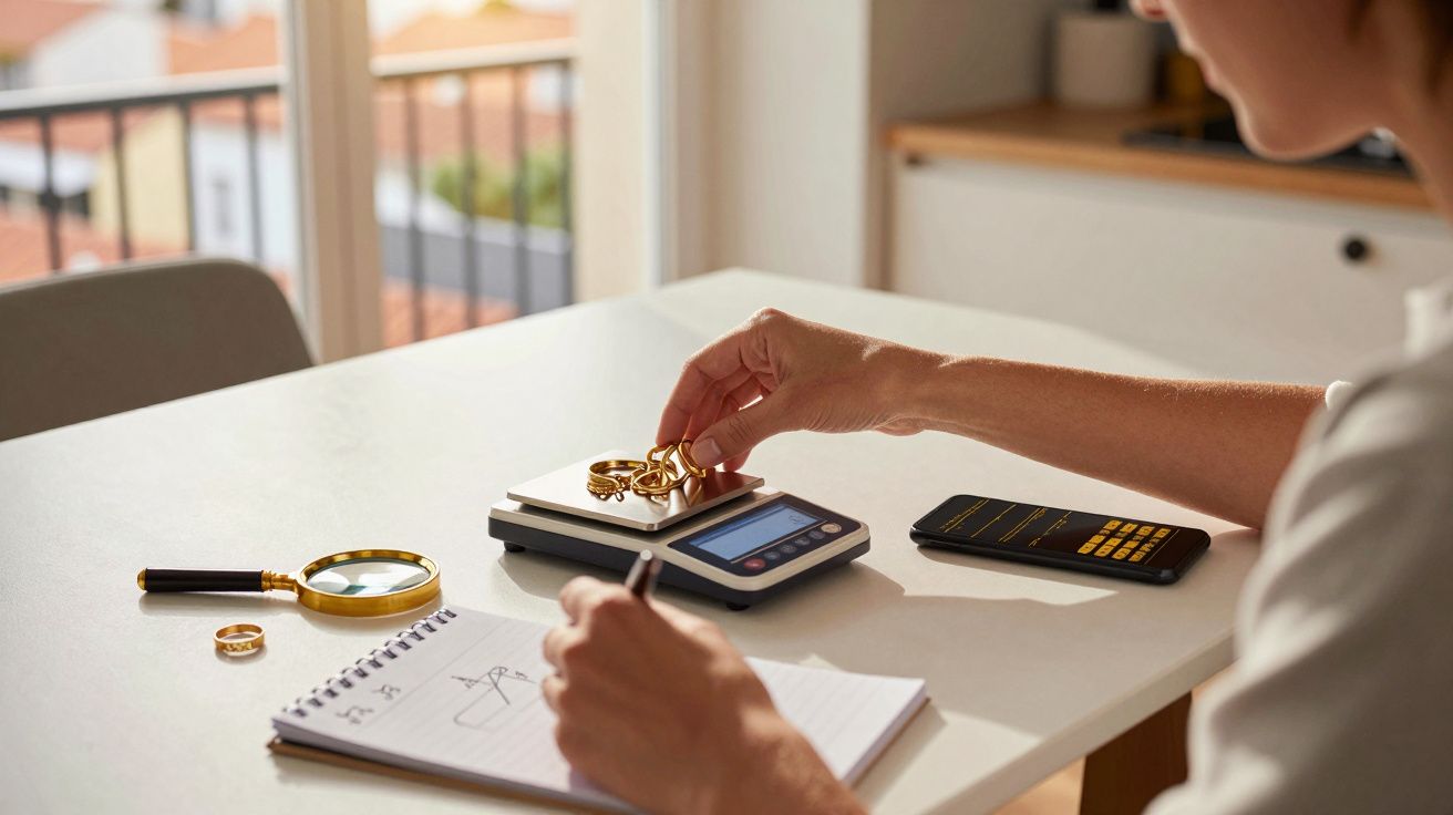 Pessoa a pesar acessórios dourados numa balança digital com calculadora e caderno na mesa.