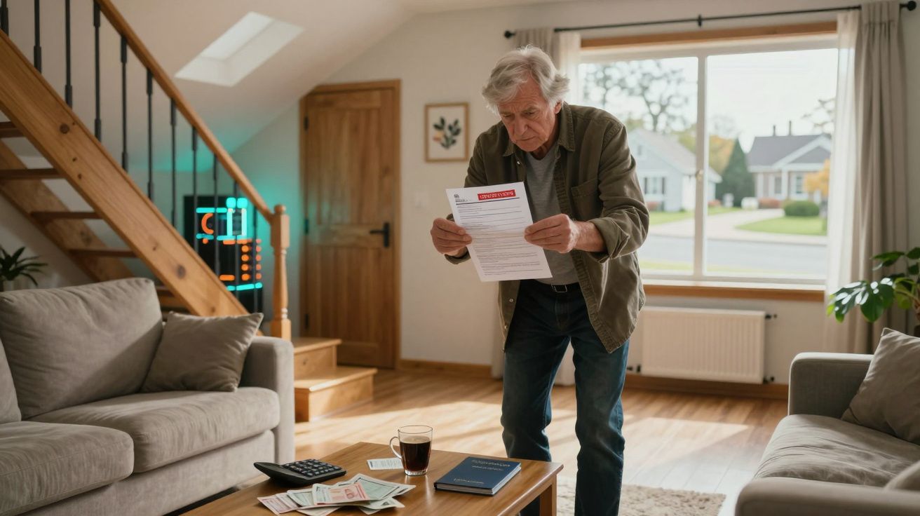 Homem idoso em casa verifica com preocupação uma conta marcada com "URGENTE" enquanto está na sala de estar.