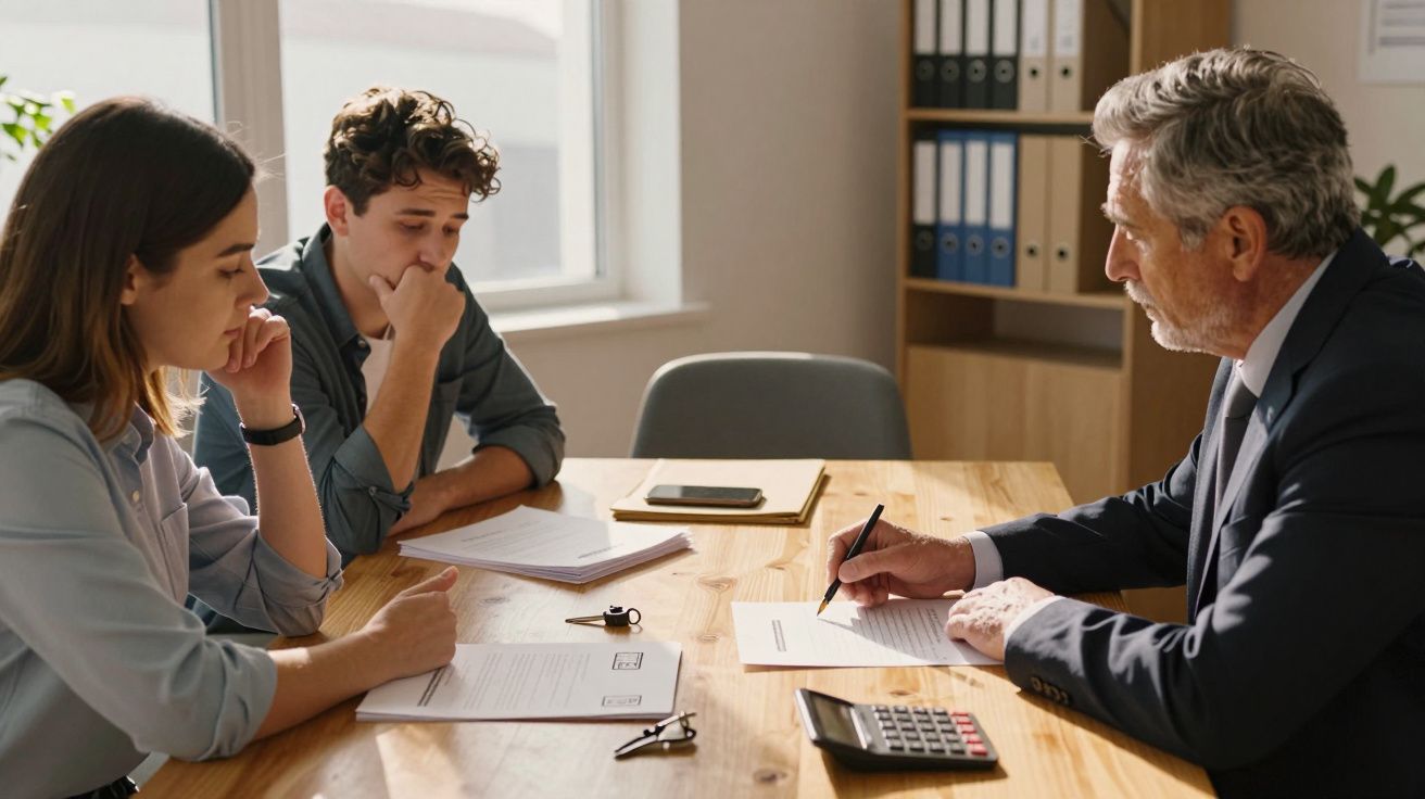 Três pessoas numa reunião de negócios numa sala, com documentos e calculadora sobre a mesa.