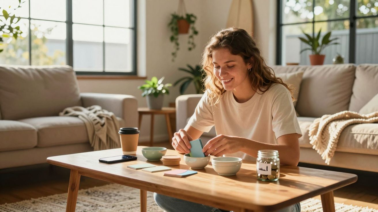 Mulher sorridente sentada no chão a organizar cartões numa mesa de sala acolhedora com plantas e sofás.