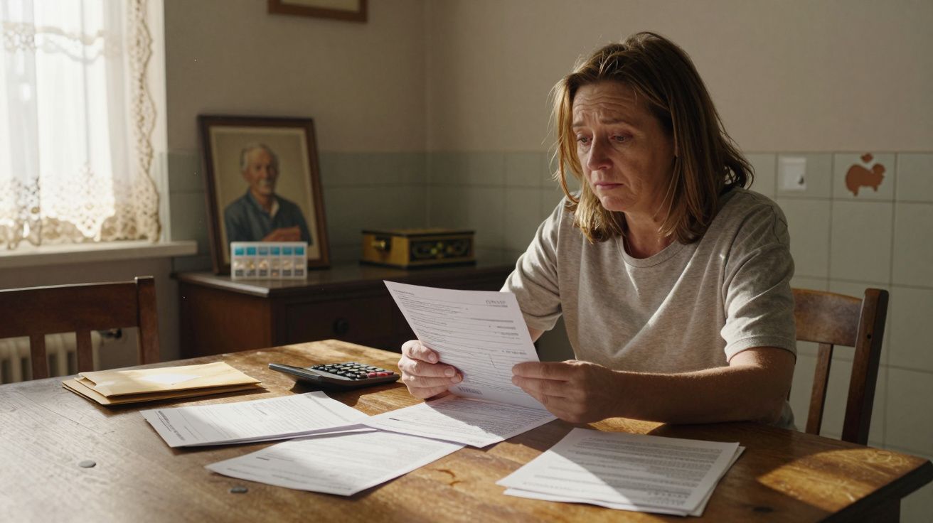 Mulher preocupada a ler documentos sentada numa mesa de madeira com calculadora e envelopes.