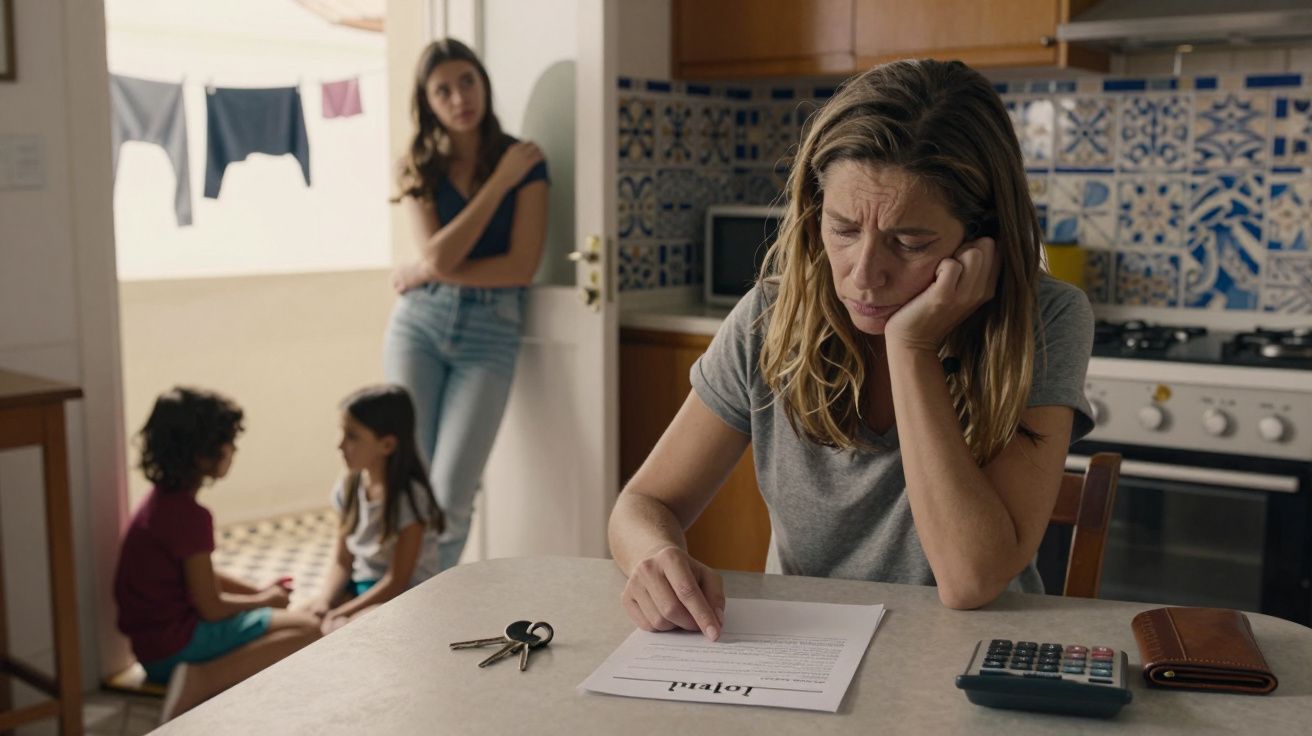 Mulher preocupada a ler uma carta na cozinha enquanto uma jovem e duas crianças observam ao fundo.