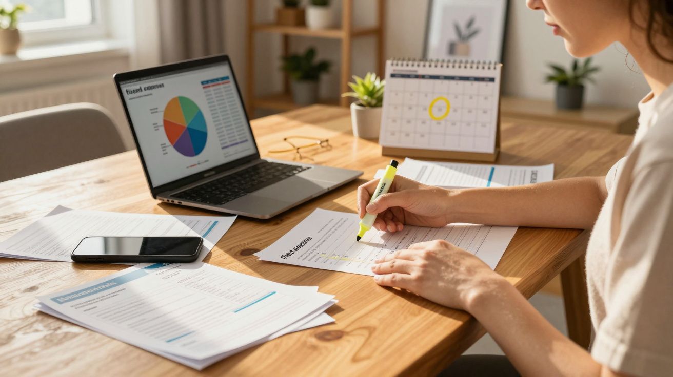 Pessoa a sublinhar pontos num gráfico com marcador amarelo, com computador, telemóvel e calendário numa mesa de madeira.