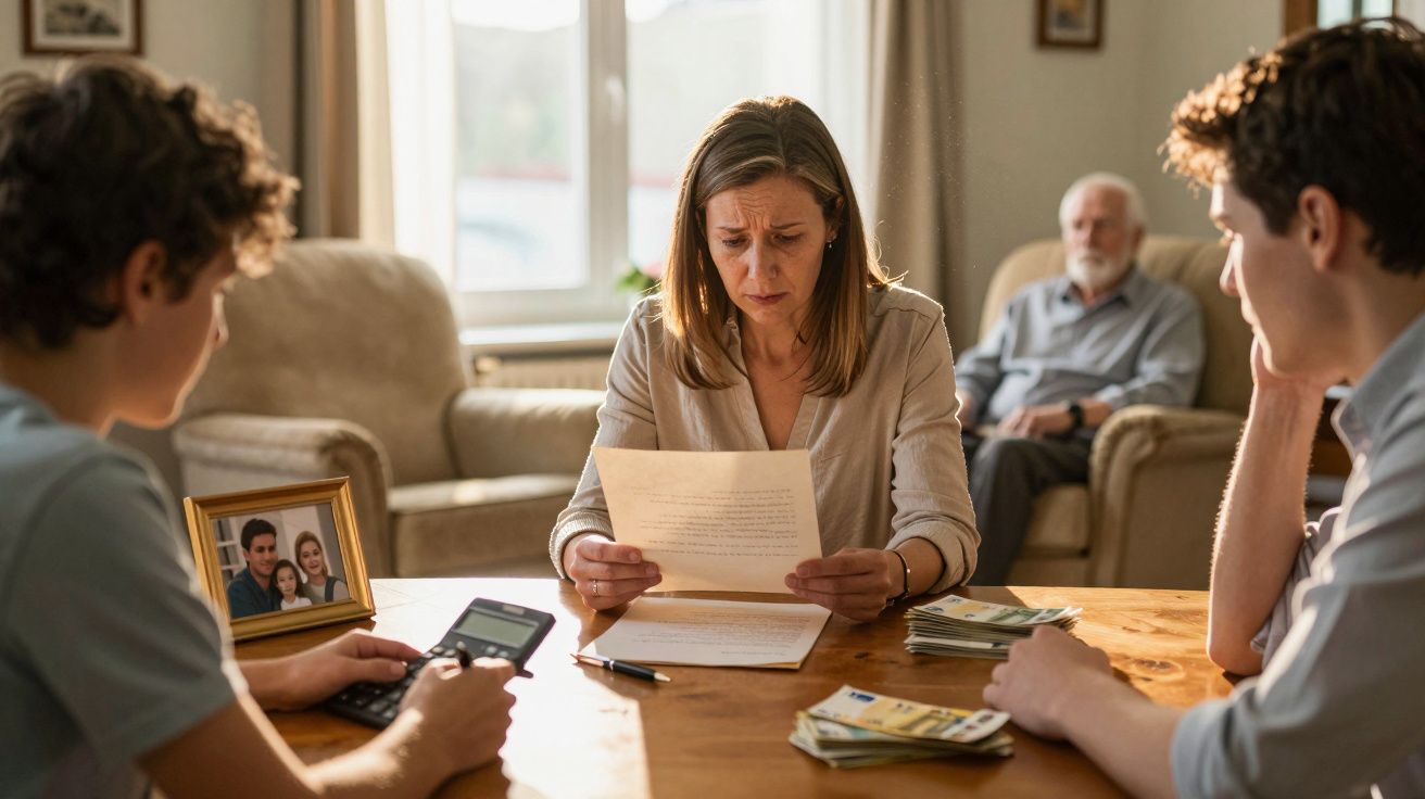 Mulher preocupada lê carta sentada à mesa com notas e duas crianças e um idoso na sala.