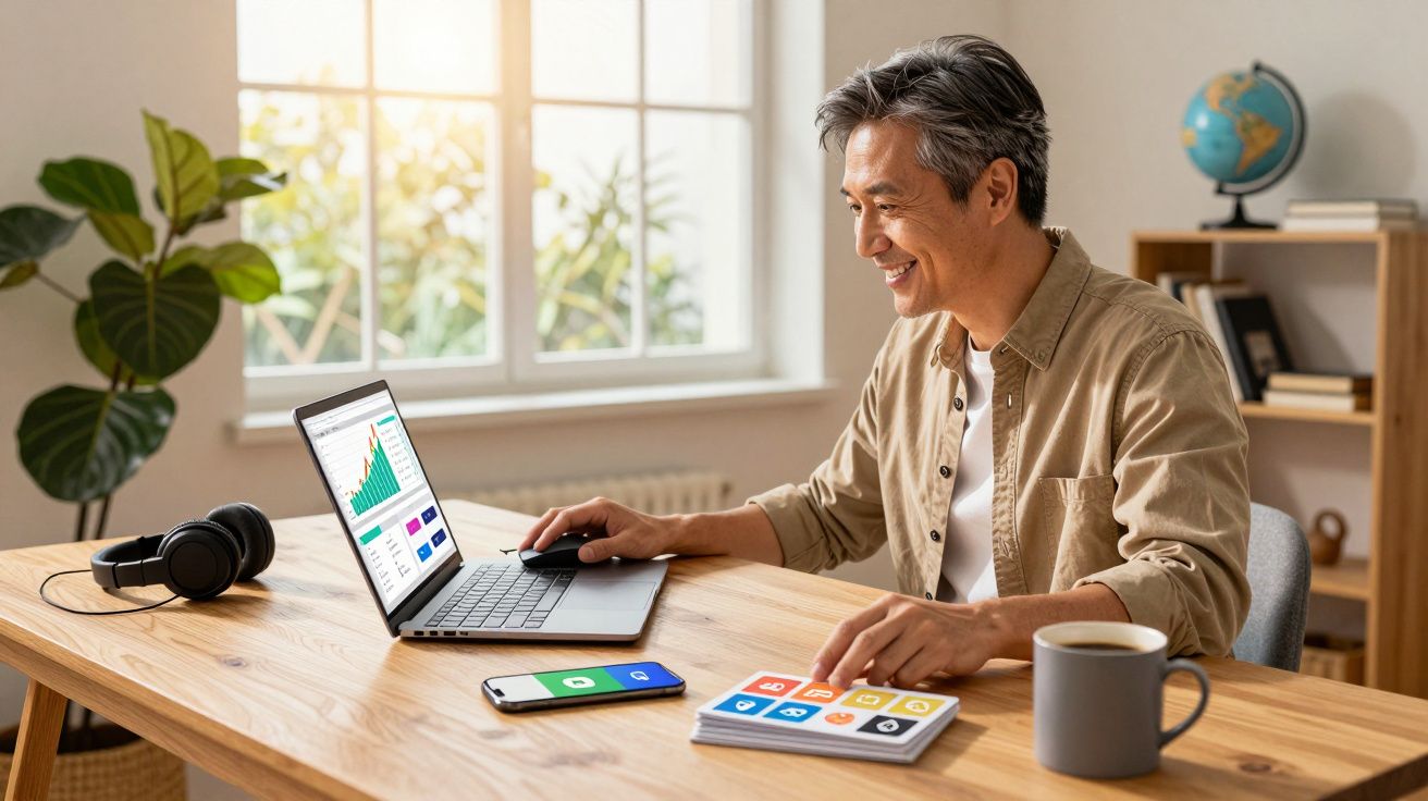Homem sorridente a trabalhar num portátil com gráficos numa mesa com telemóvel, caderno, auscultadores e caneca.