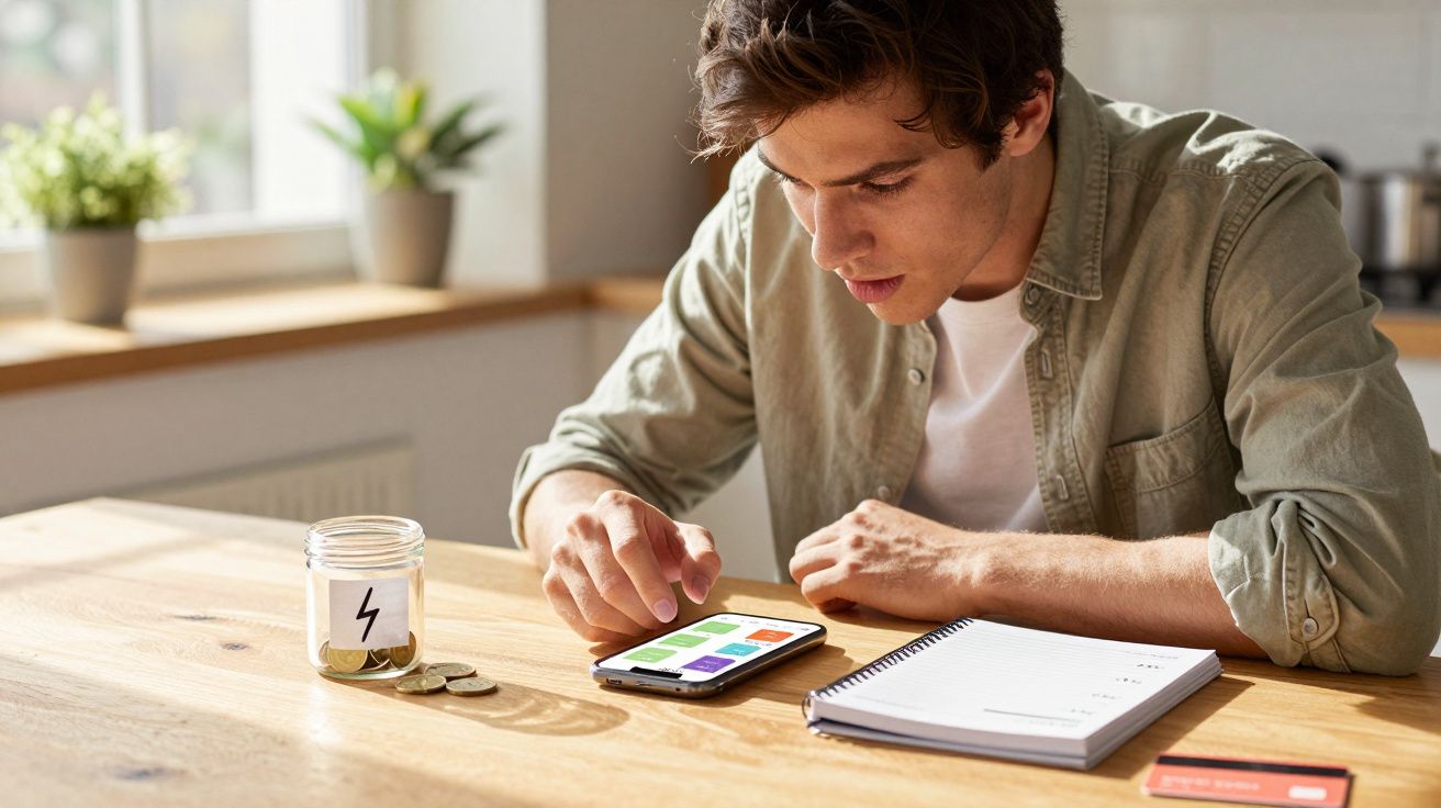 Jovem sentado numa mesa a usar smartphone para gerir finanças, com cofre de moedas, caderno e cartão à sua frente.