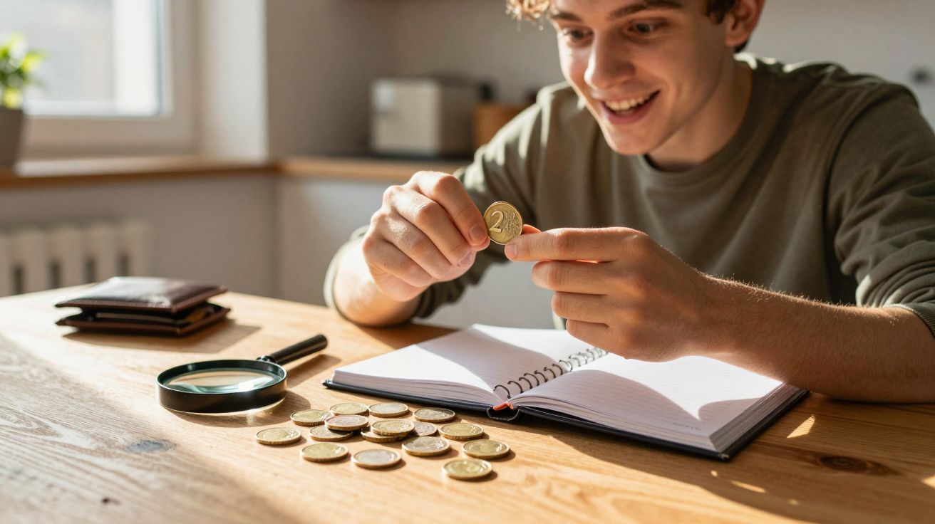 Jovem sentado à mesa a contar moedas e sorrir, com caderno, lupa e carteira.