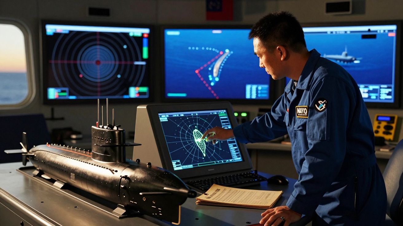 Homem em uniforme a operar radar numa sala com modelo de submarino e ecrãs digitais.