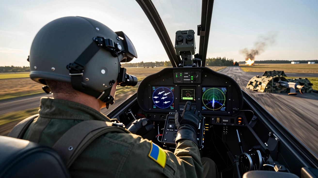Piloto militar com capacete no cockpit de uma aeronave com radar e alvos militares visíveis no exterior.