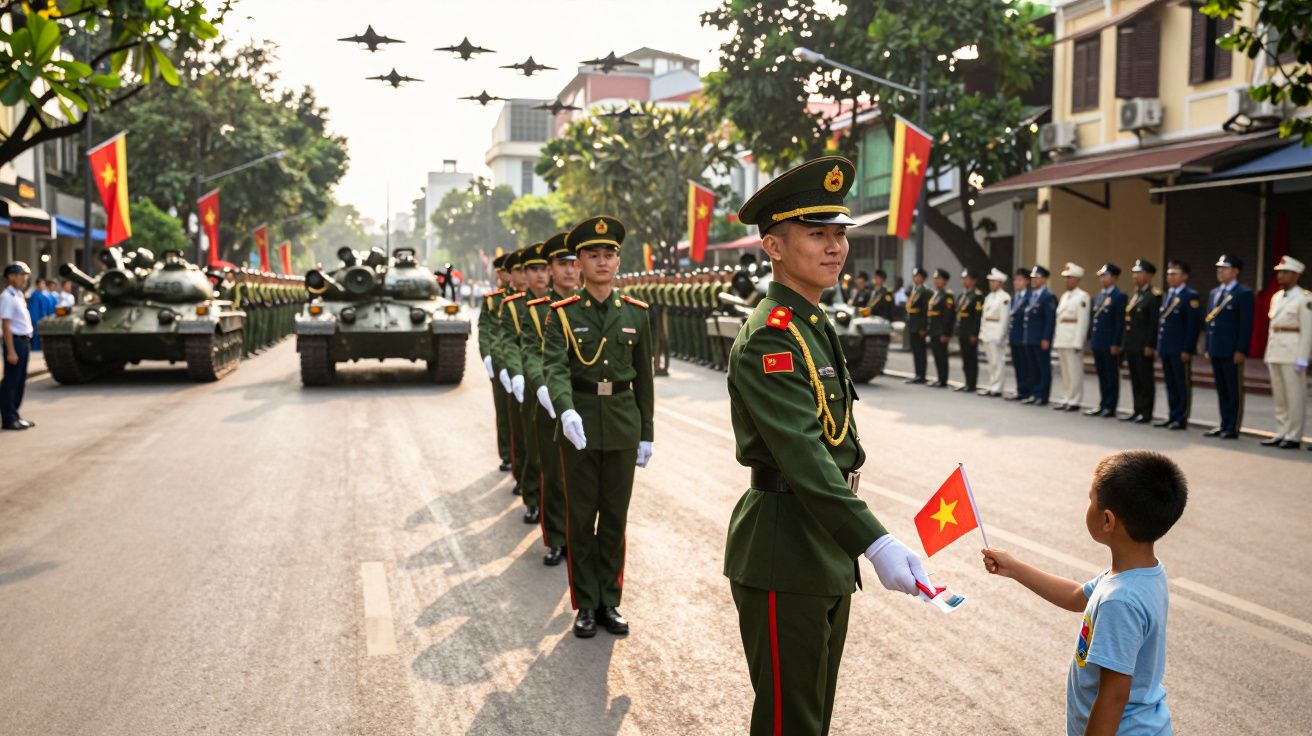 Soldado a receber bandeira do Vietname de criança durante desfile militar com tanques e aviões em rua urbana.