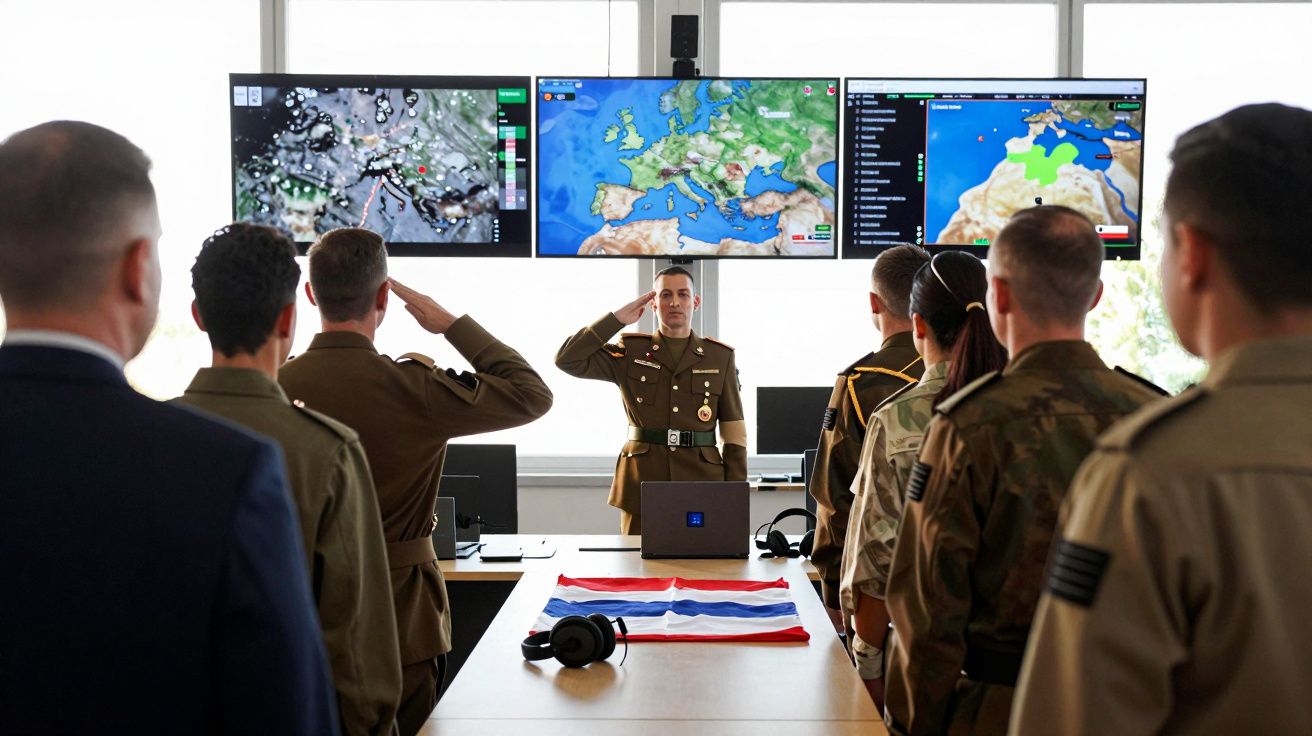 Militares em uniforme estão de pé e a fazer continência numa sala de operações com três ecrãs grandes a mostrar mapas estraté