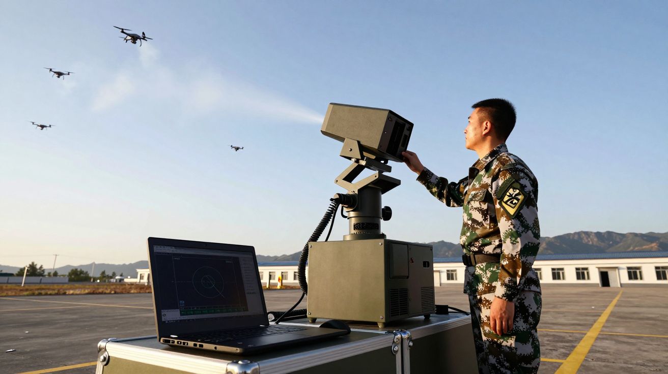 Soldado em uniforme militar opera equipamento de rastreamento de drones em área exterior com céu limpo e montanhas ao fundo.