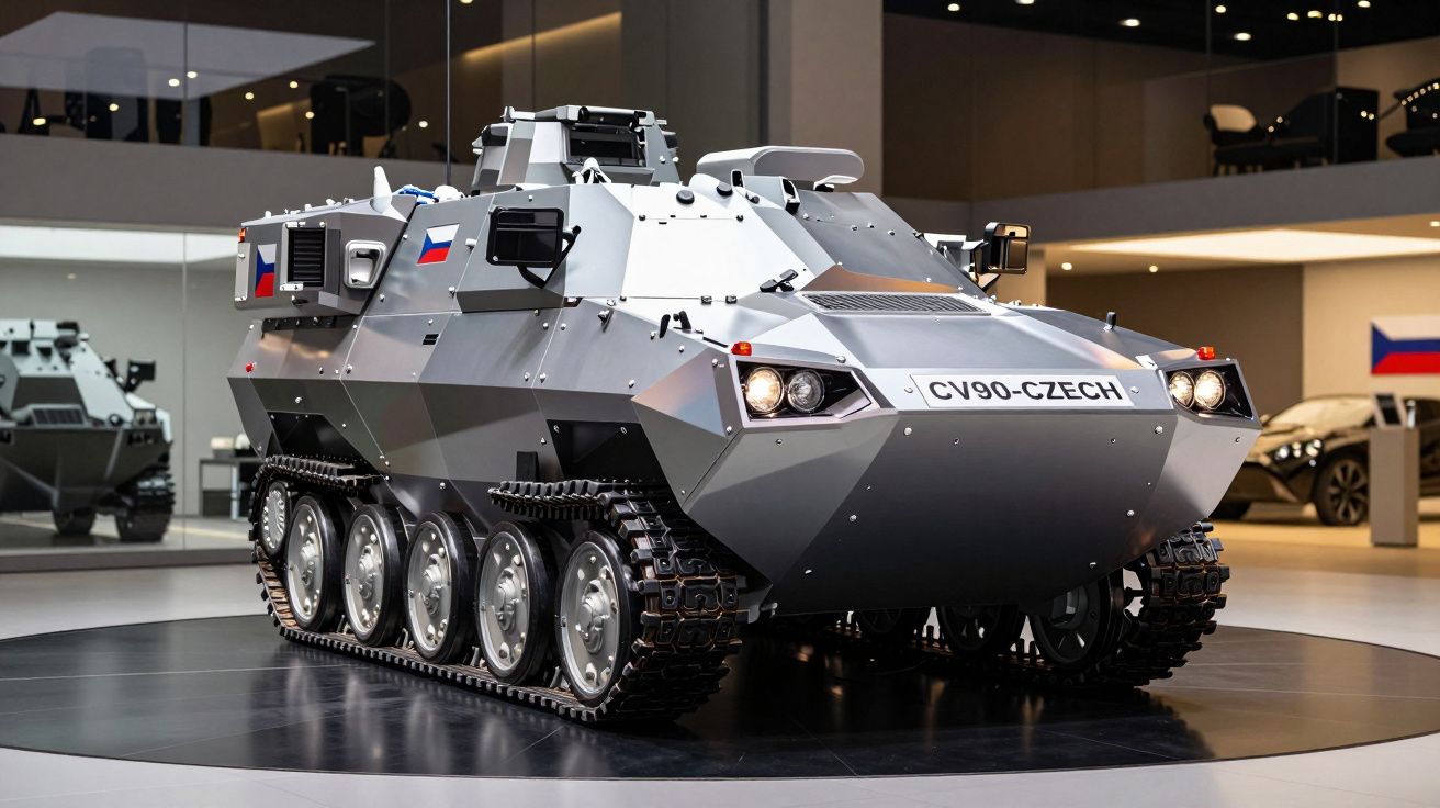 Veículo blindado de combate CV90-CZECH exibido em salão com detalhes em cinza e bandeira da República Checa.