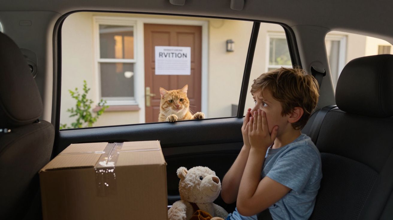 Menino surpreendido no banco de trás de carro com ursinho e caixa, gato espreita pela janela aberta.